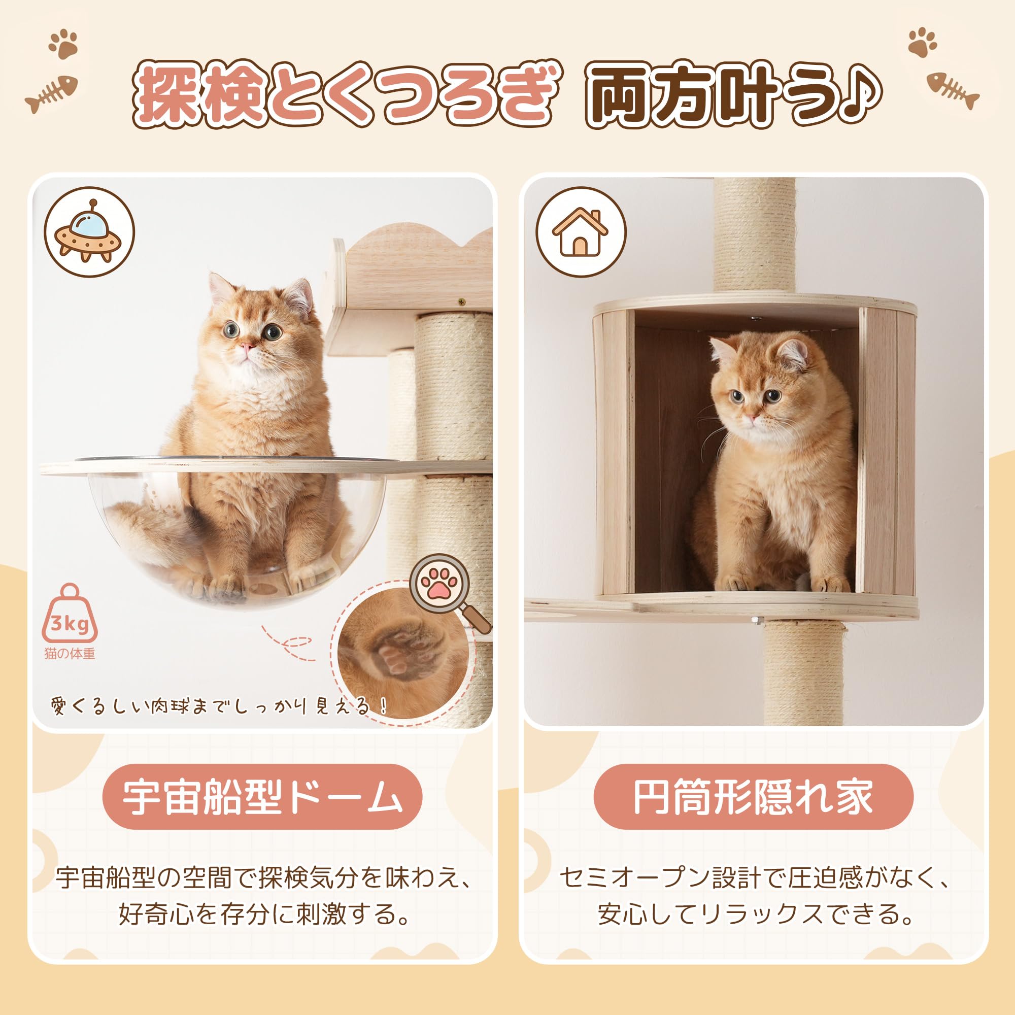 Amazon | キャットタワー 木製 高さ179cmの大型猫用 360°雲形・円形